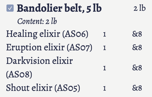 Elixirs in a bandolier belt.