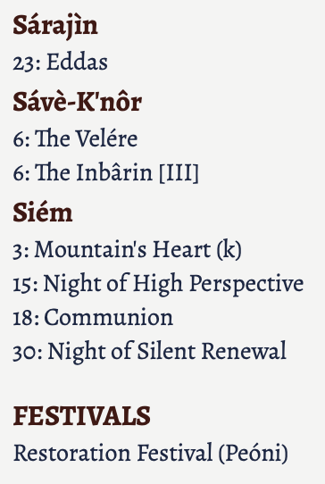 The top section of the list of ceremonies.