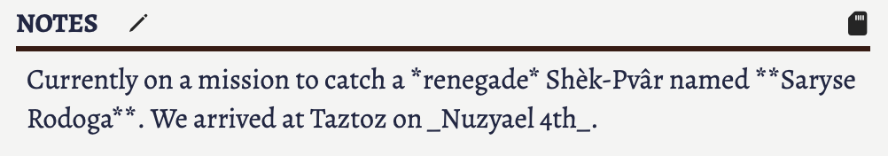 The notes for Baltazar being edited and showing markdown.