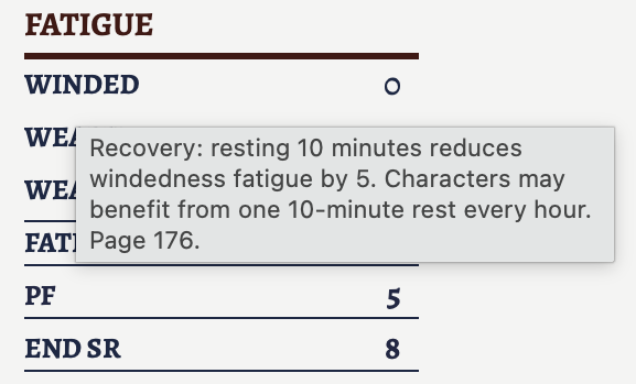The tooltip showing the recovery rules for the winded fatigue.