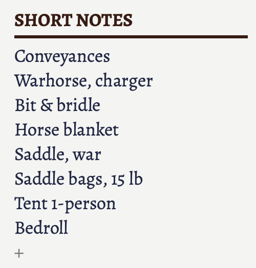 Part of the character sheet showing the short notes section with conveyances.