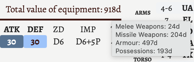 The tooltip for the total value of equipment for melee weapons, missile weapons, armour, and possessions.